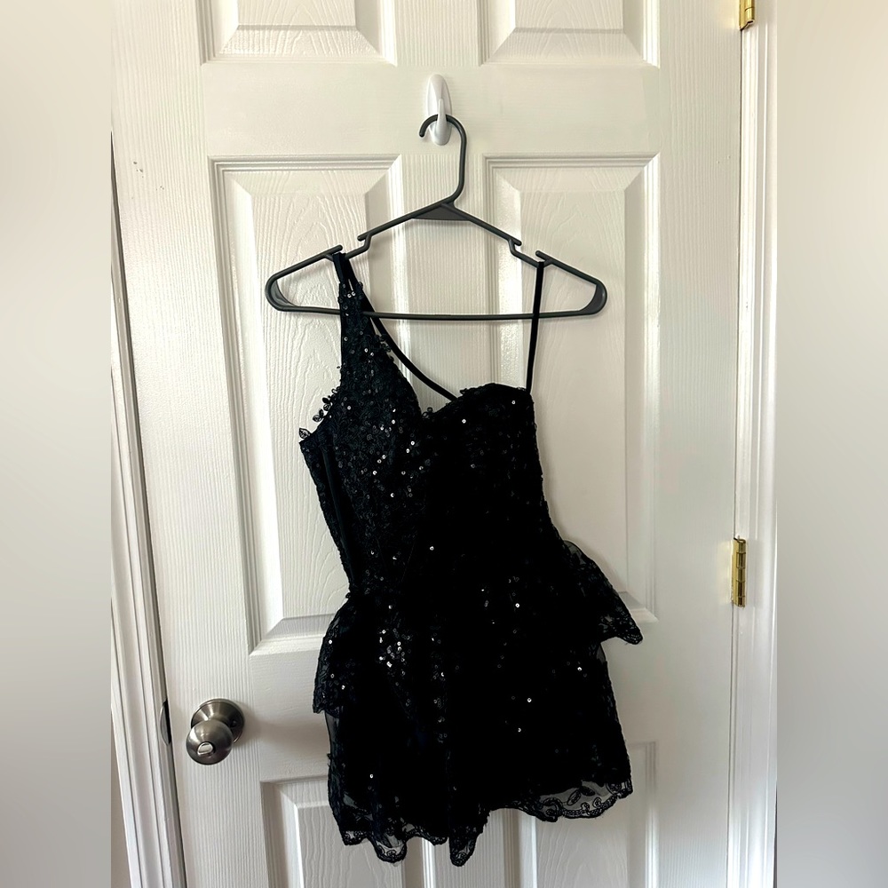 Black one shoulder sequence dress